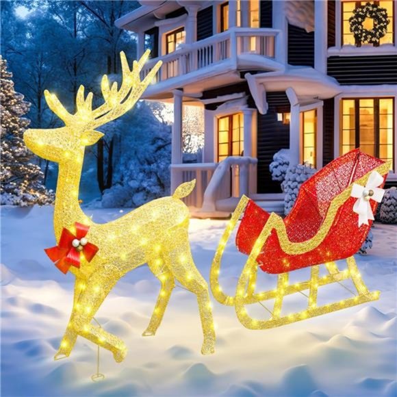 Pre-lit Christmas Reindeer,  Light Up Gold Deer and Red Sled with LED Light - Picture 4 of 7